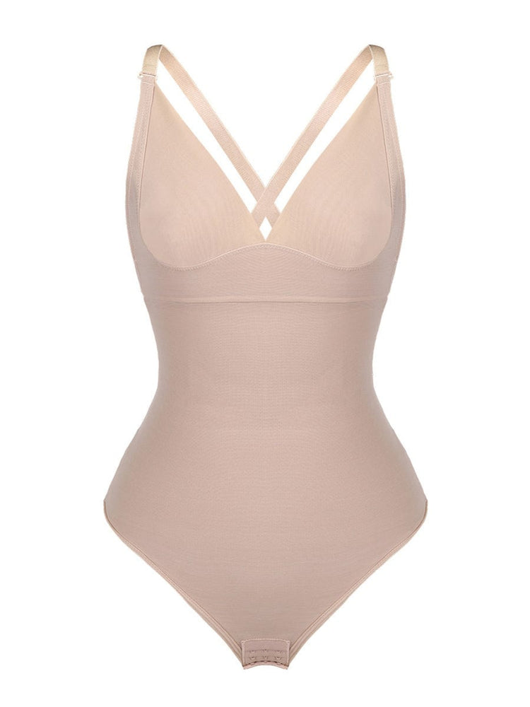 Beige bodysuit with a plunging neckline on a white background