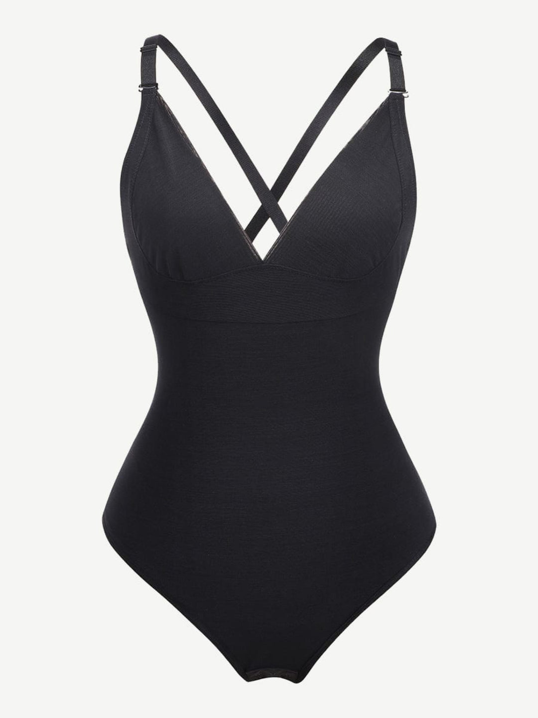 Black swimsuit with criss-cross straps on a white background