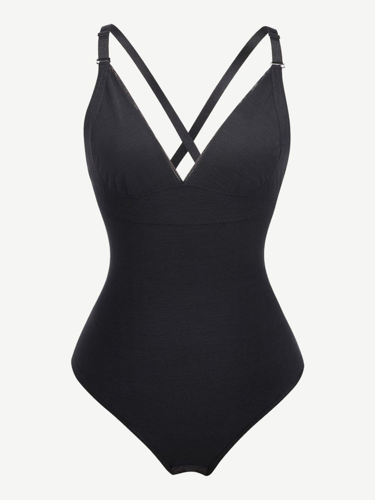 Black swimsuit with criss-cross straps on a white background