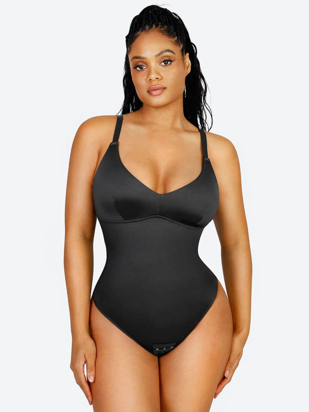 Satin Shaping Bodysuit in Black (front view on model)