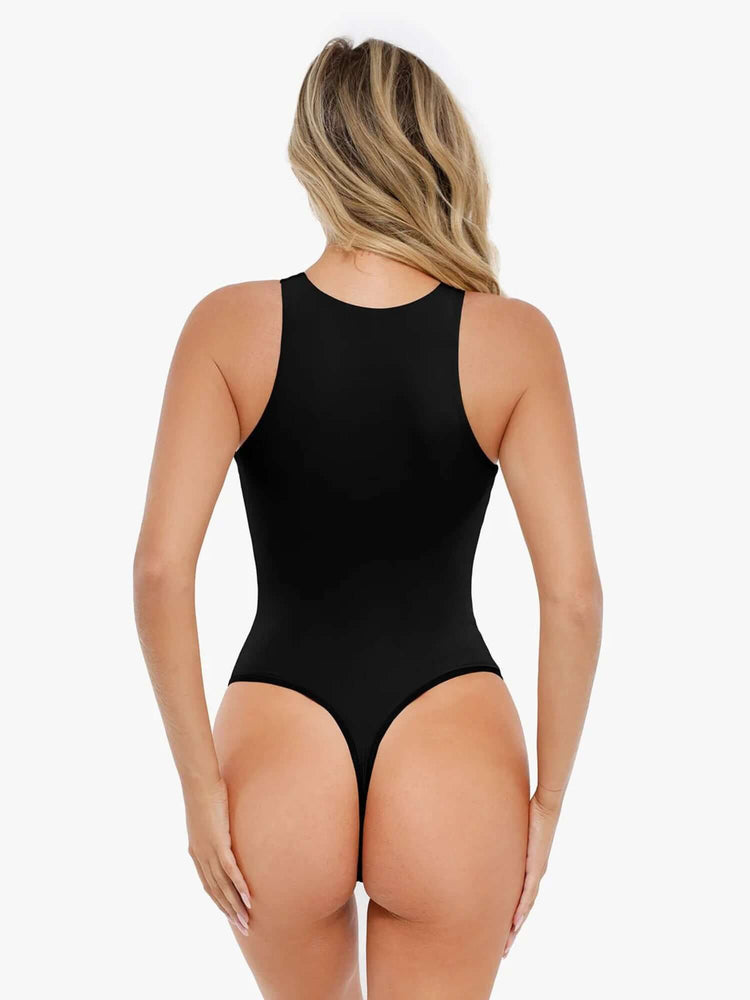 Black shapewear bodysuit with round neck and thong back, light compression body shaper for waist, tummy, and bust definition MT220165