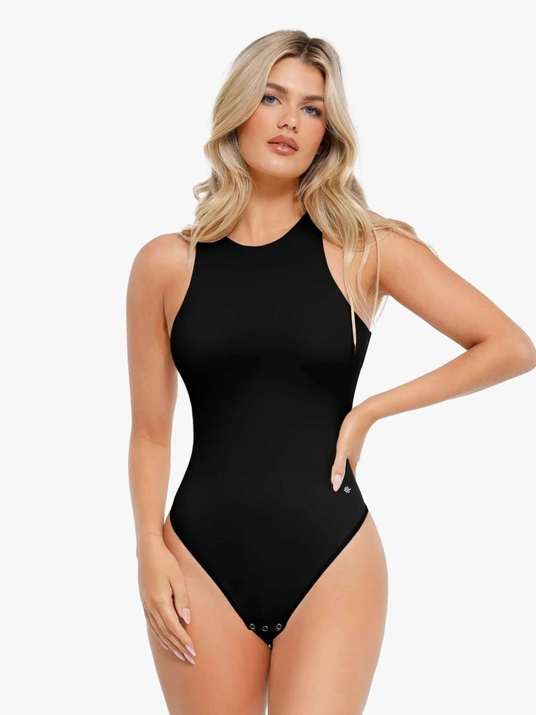 Black shapewear bodysuit with high-neck design, waist shaping support, and thong bottom for a sleek silhouette