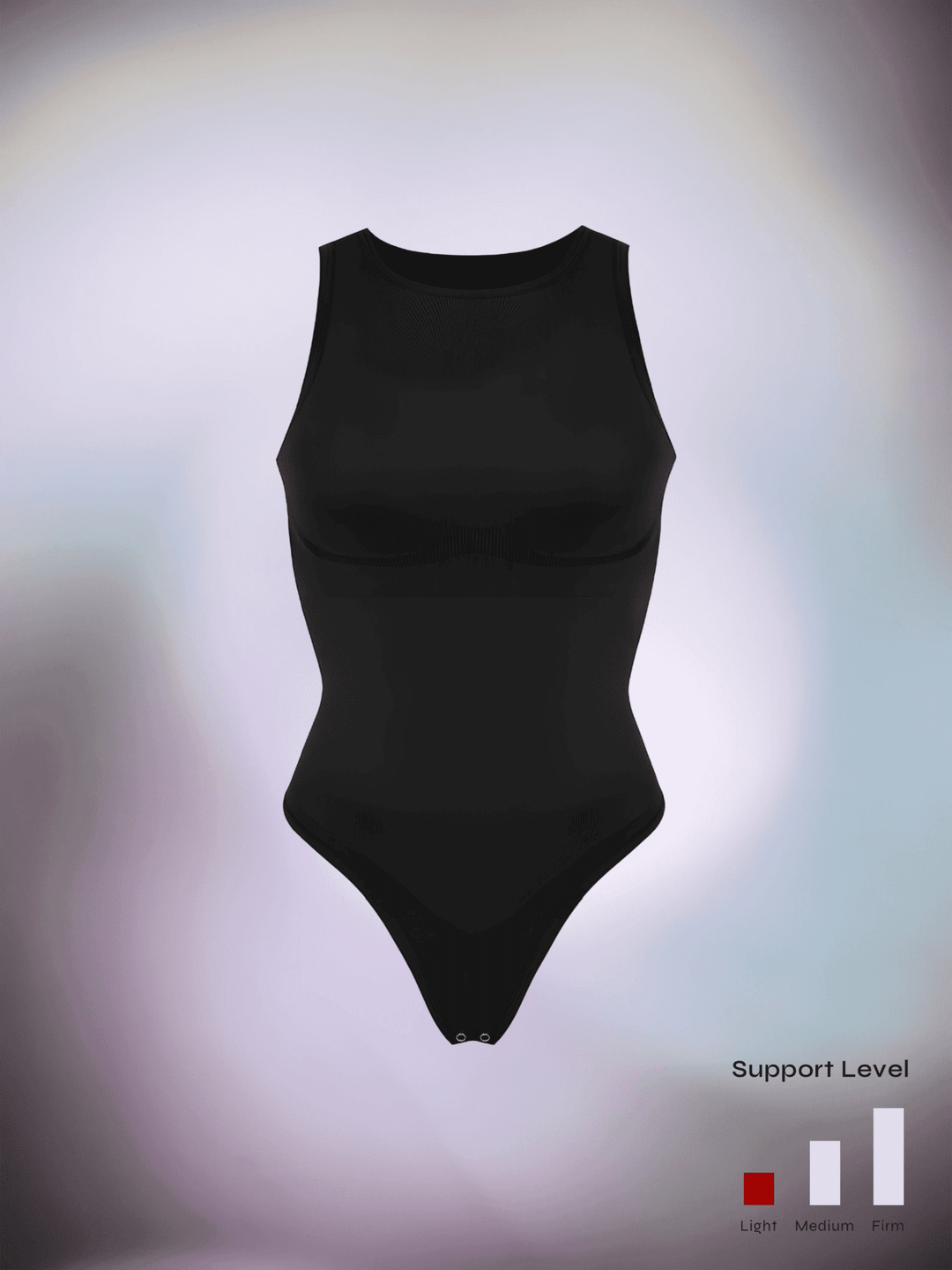 Black shapewear bodysuit with light compression, round neck, and thong bottom for waist and tummy shaping
