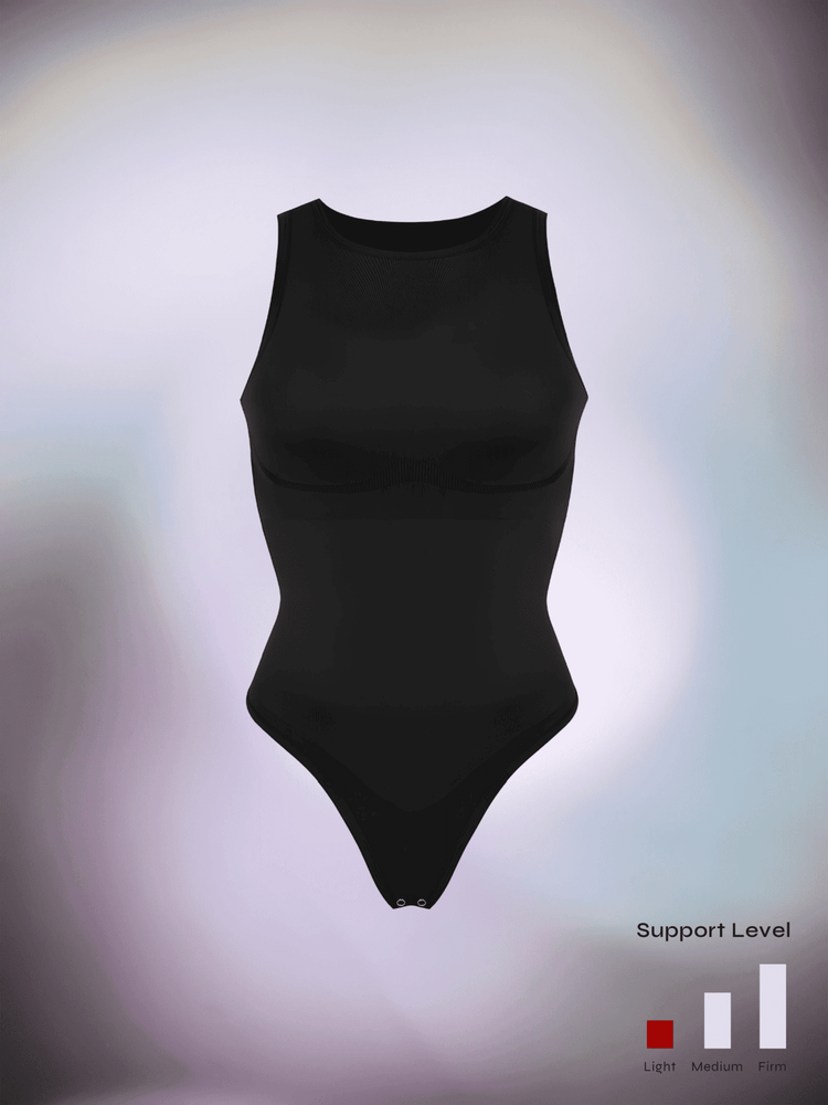 Black shapewear bodysuit with light compression, round neck, and thong bottom for waist and tummy shaping