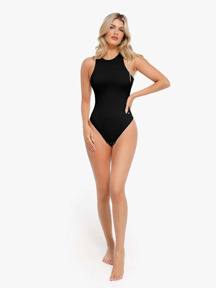 Black shapewear bodysuit with tummy control and thong back for waist shaping, bust support, and curve-enhancing comfort