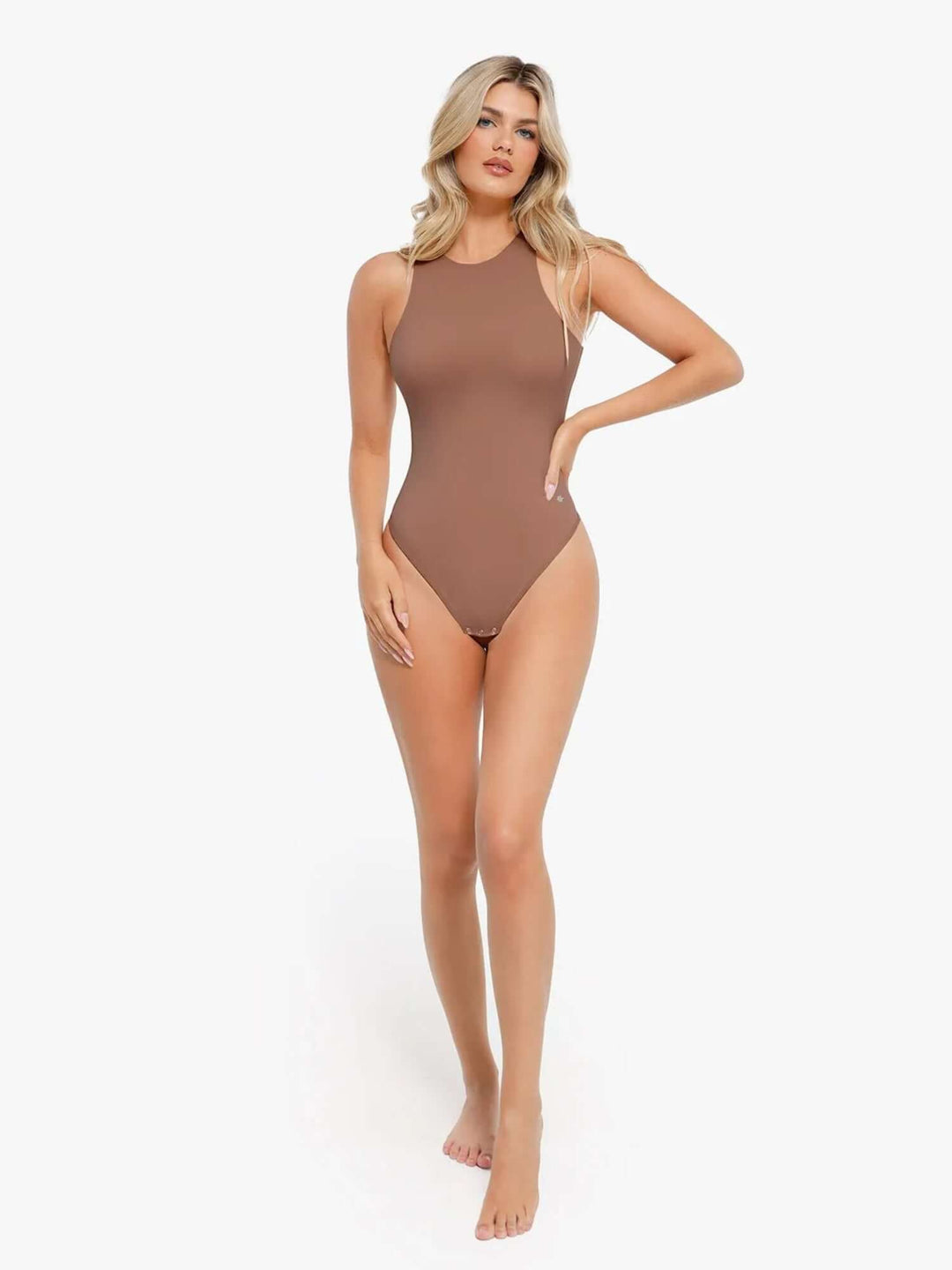 Everyday shapewear bodysuit with light compression, round neck, and thong back for waist and tummy shaping