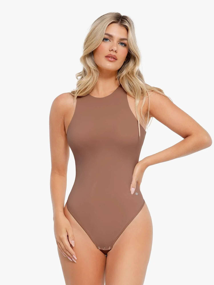 shapewear bodysuit with light compression, round neck, and thong back for waist and tummy control