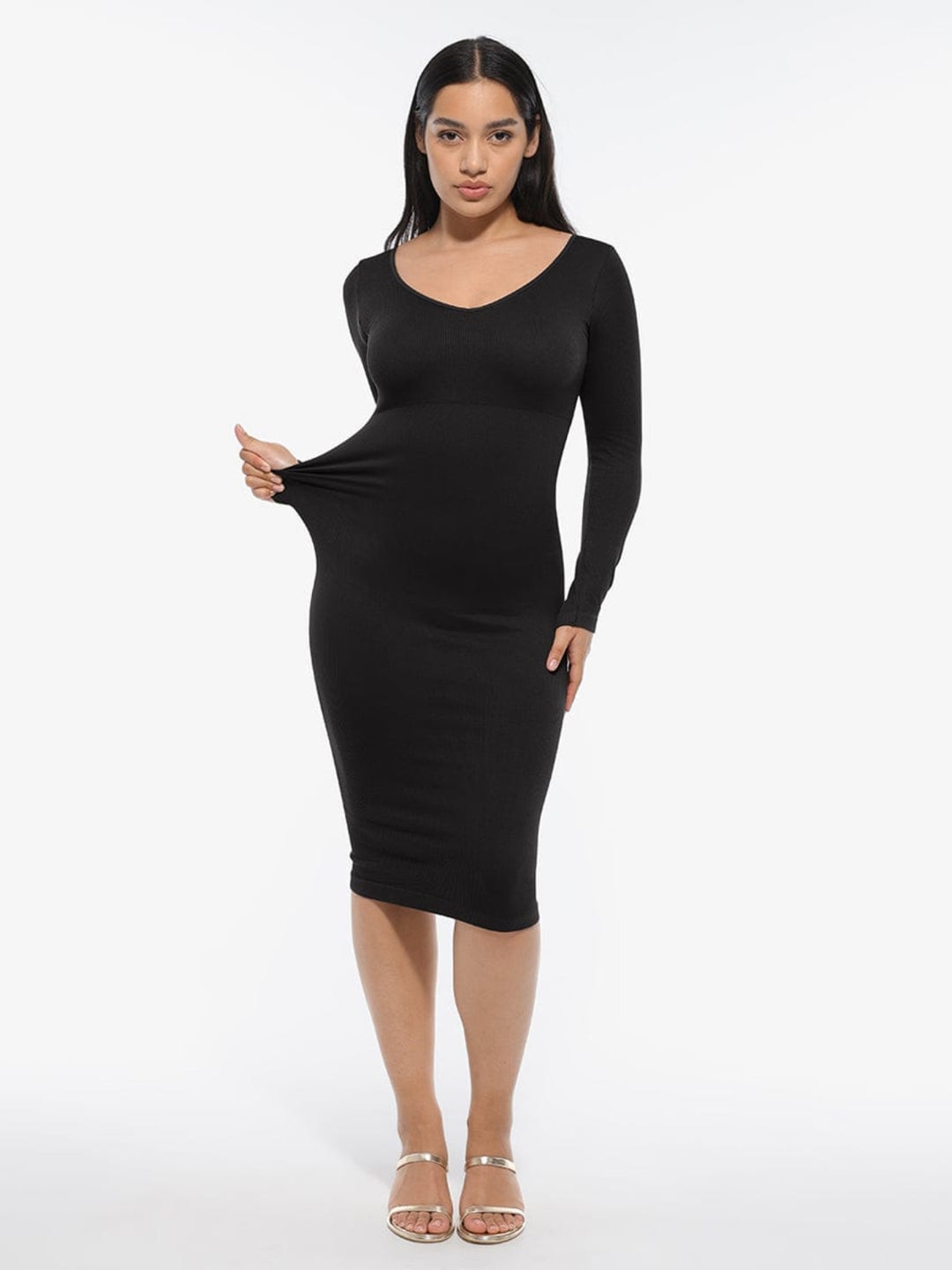 V-Neck Long Sleeve Body Shaper Dress