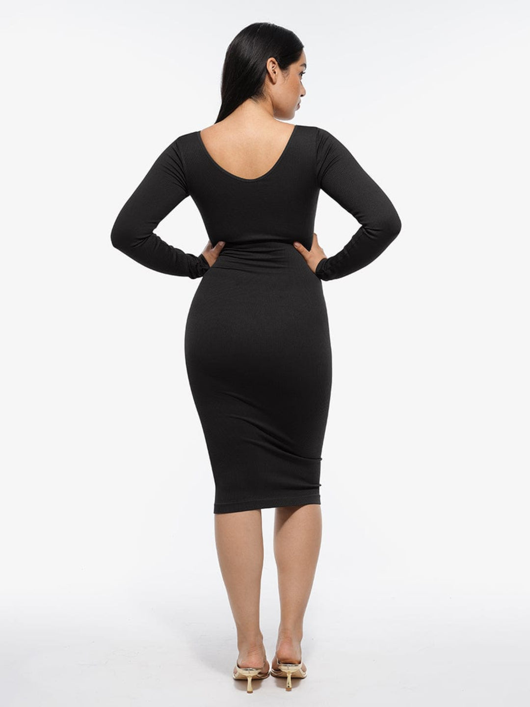 V-Neck Long Sleeve Body Shaper Dress