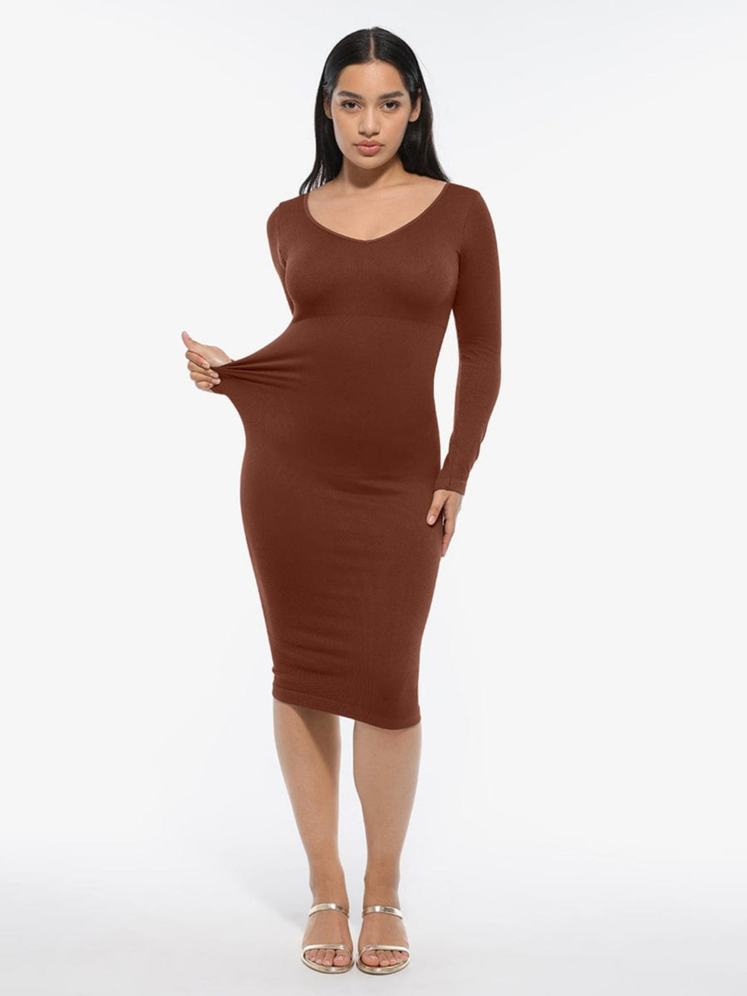 V-Neck Long Sleeve Body Shaper Dress