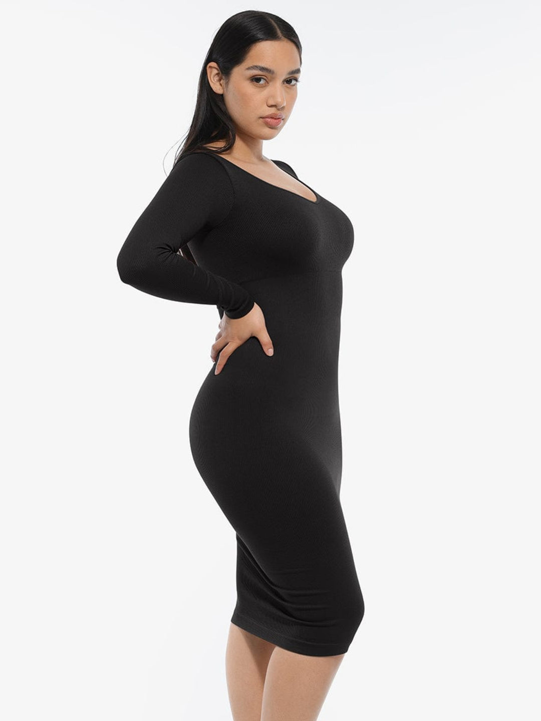 V-Neck Long Sleeve Body Shaper Dress