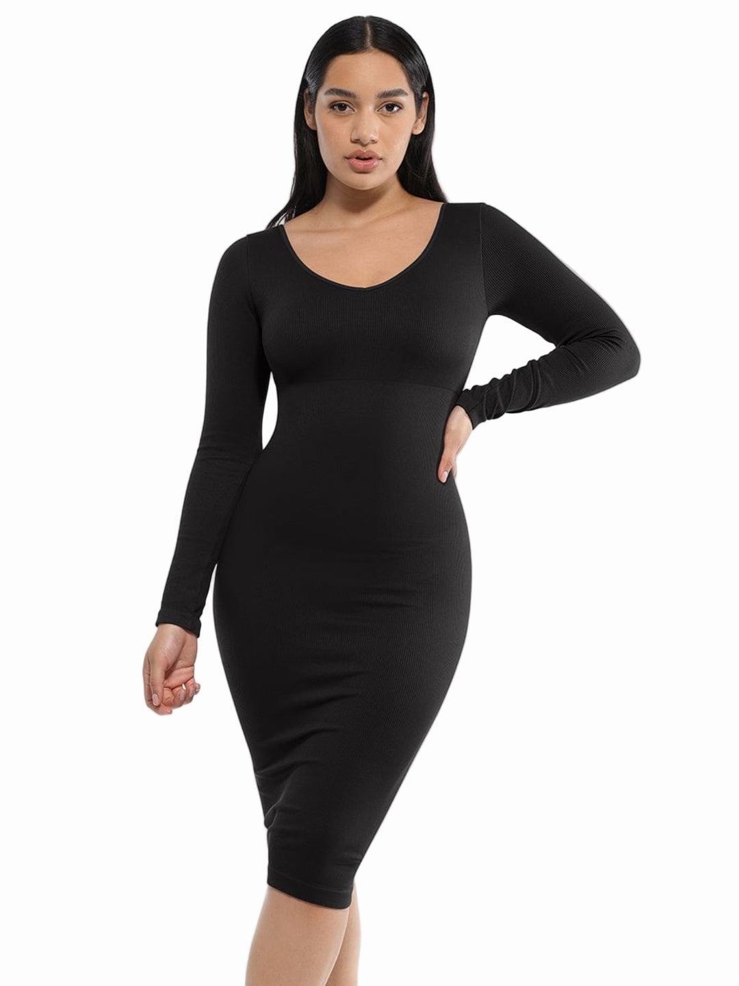 V-Neck Long Sleeve Body Shaper Dress in Black (front view)