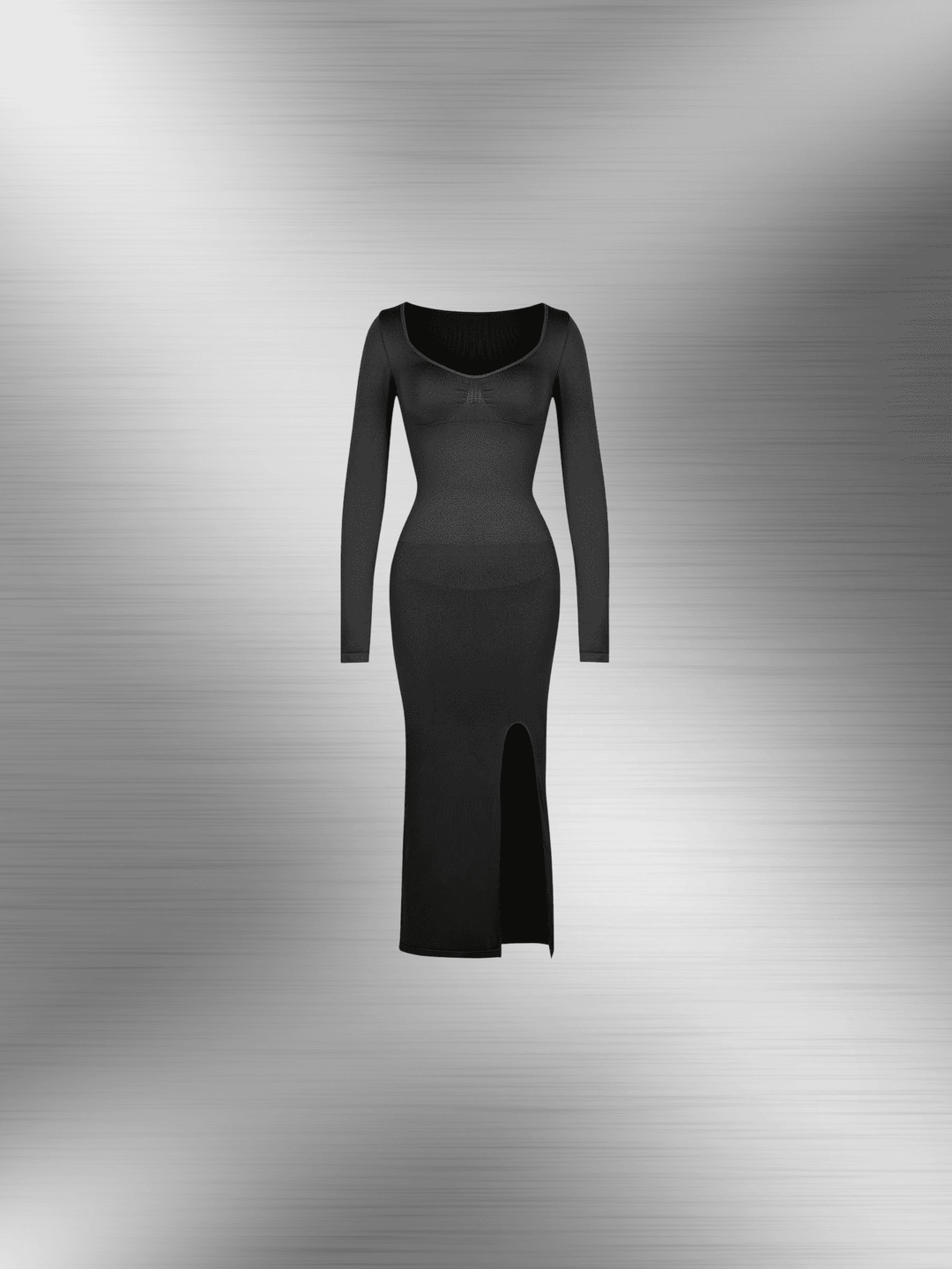 Shaping dress with bust support featuring long sleeves, high side slit, and sleek body-sculpting fit for elegant occasions