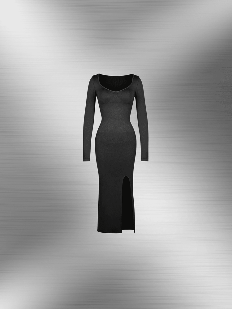 Shaping dress with bust support featuring long sleeves, high side slit, and sleek body-sculpting fit for elegant occasions