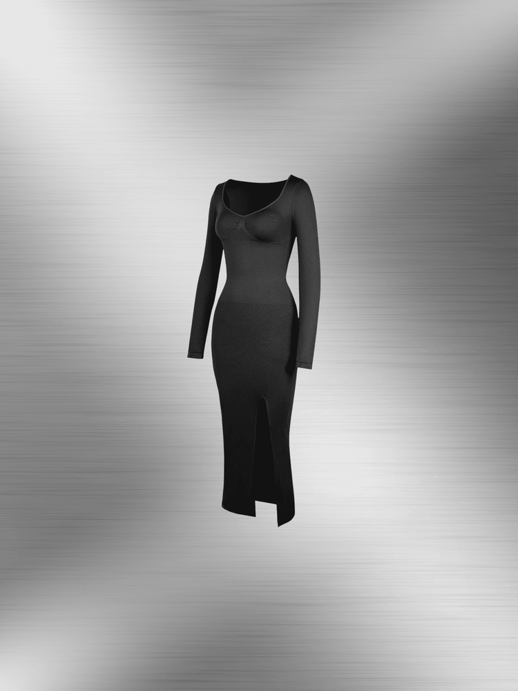 shaping dress with bust support, black long-sleeve high side slit dress for sculpted waist and elegant fit