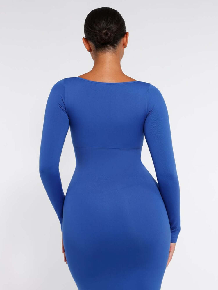 shaping dress with bust support blue fitted long sleeve dress with sleek high slit fit and supportive bust detail