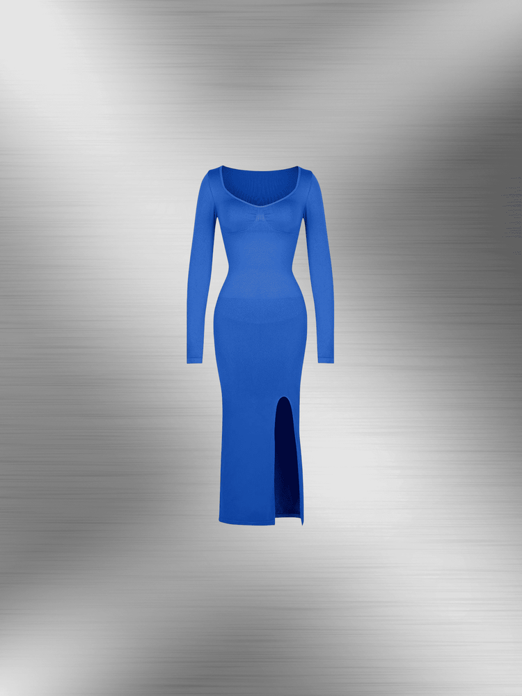 shaping dress with bust support blue bodycon midi dress with long sleeves and high slit