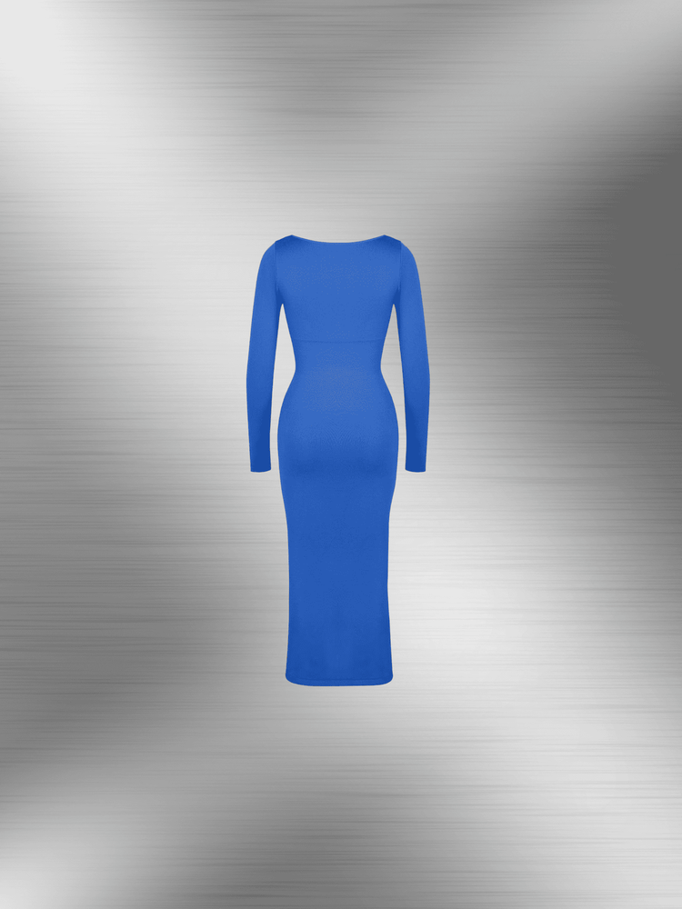 shaping dress with bust support, blue long-sleeve sleek fit with high slit and flattering silhouette