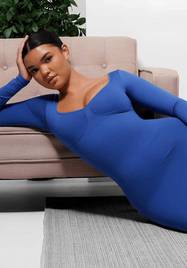 shaping dress with bust support blue long-sleeve dress for a sleek sculpted fit and elegant everyday style