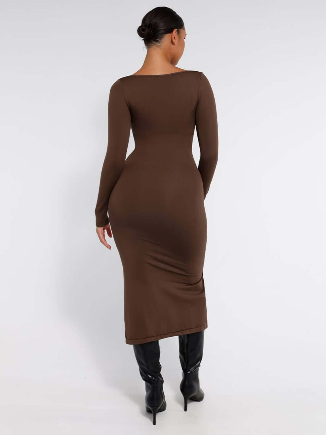 shaping dress with bust support in brown, high side slit bodycon style for elegant waist-sculpting comfort