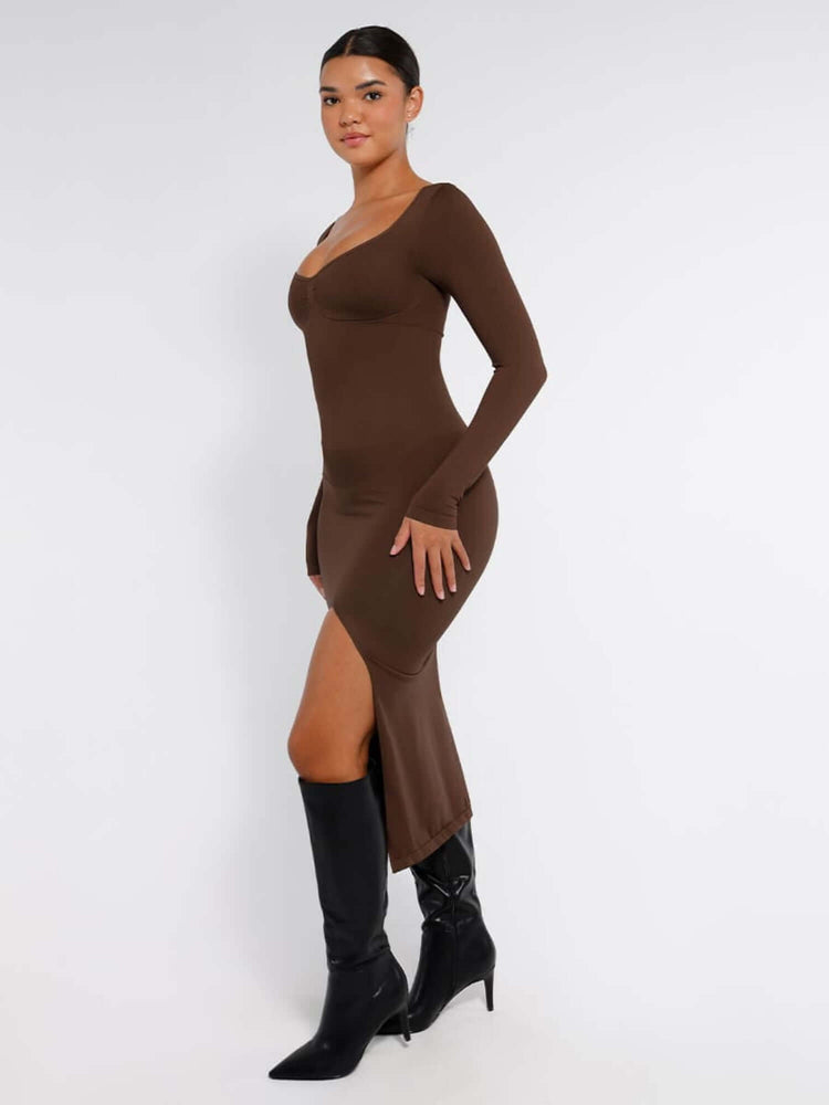 shaping dress with bust support, high side slit brown bodycon dress for sleek sculpting and evening style