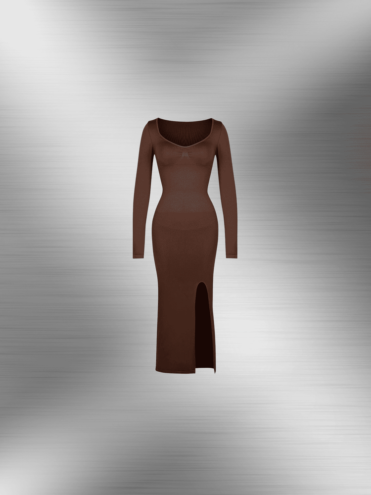 Brown shaping dress with bust support, high side slit, and long sleeves for a sleek sculpted silhouette.