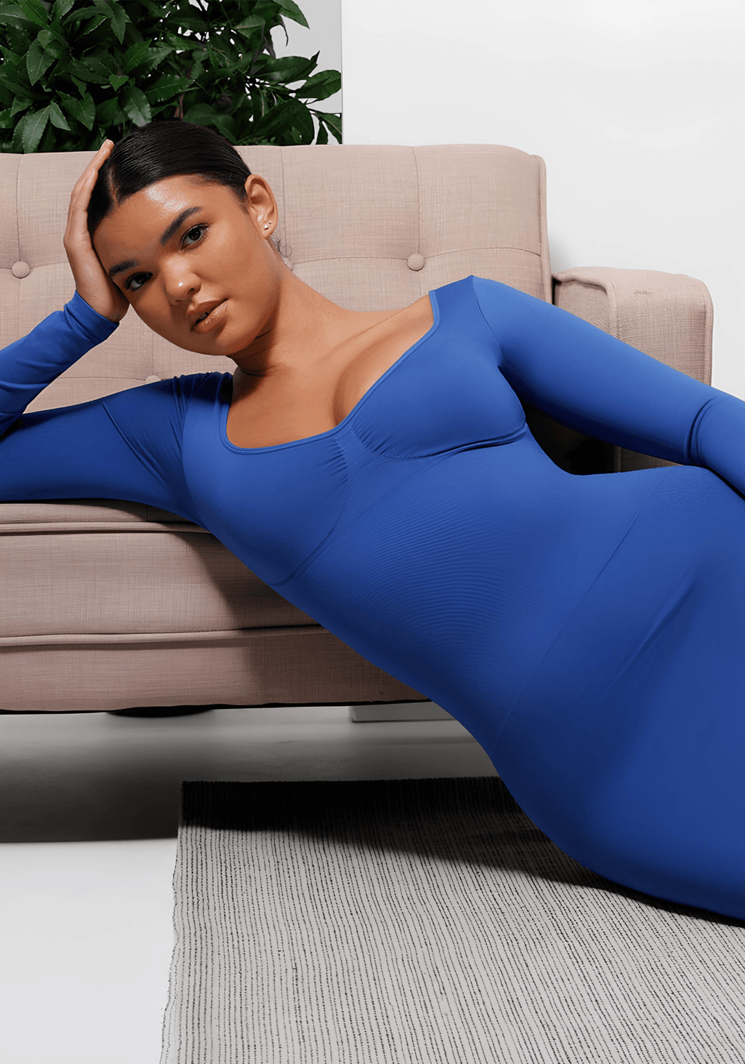 shaping dress with bust support blue long-sleeve dress for a sleek sculpted fit and elegant everyday style