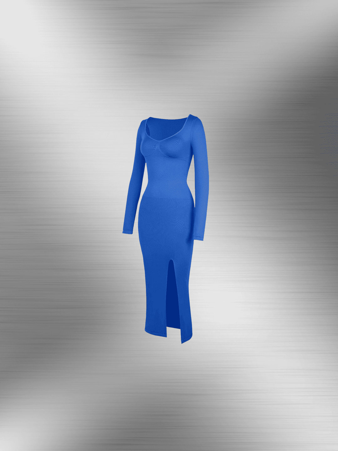 shaping dress with bust support blue long sleeve midi dress with high slit and sleek fitted silhouette