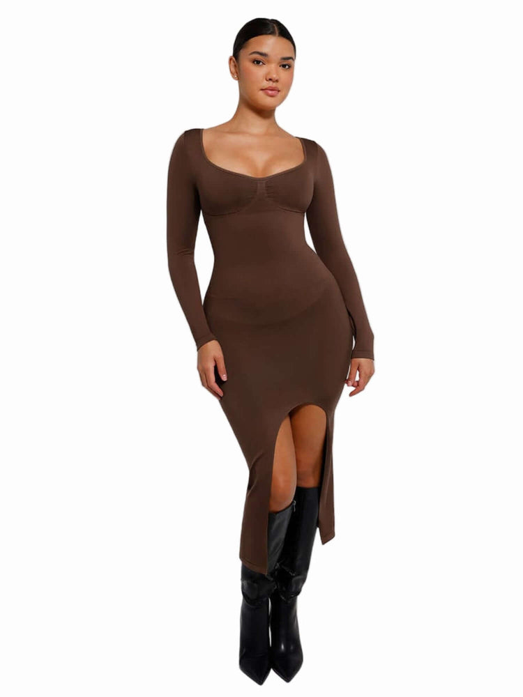 shaping dress with bust support featuring high side slit, sculpting fit, and long-sleeve bodycon style