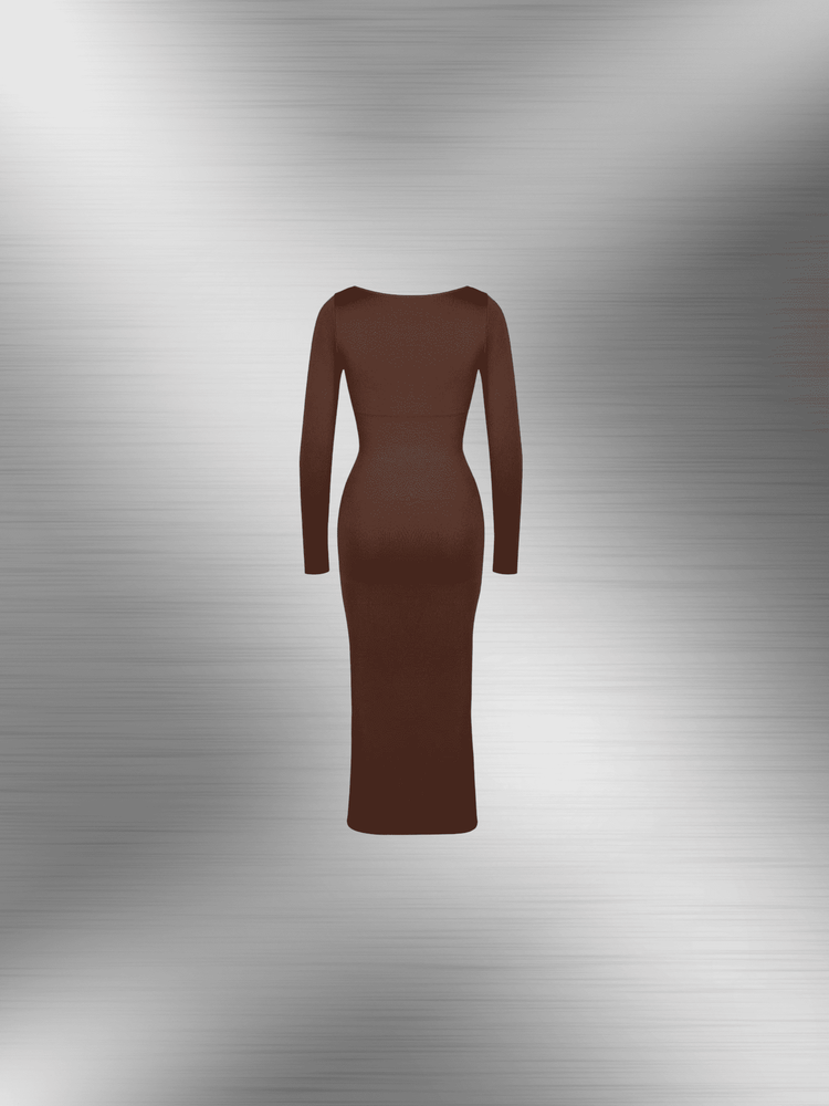 shaping dress with bust support brown long sleeve midi dress with slit-free sleek silhouette
