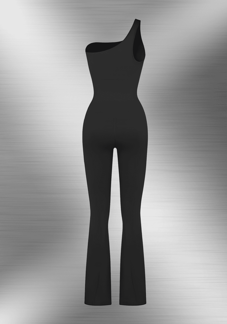 sloped shoulder flared jumpsuit with one-shoulder design, seamless fit, and flared legs for a flattering silhouette