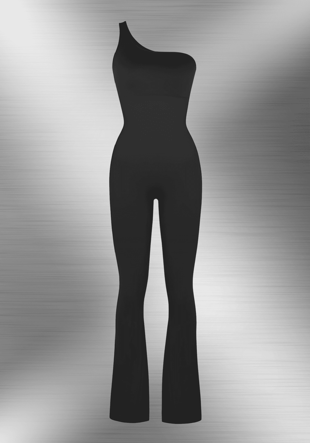 sloped shoulder flared jumpsuit with one-shoulder silhouette and flared trouser legs, MT230384