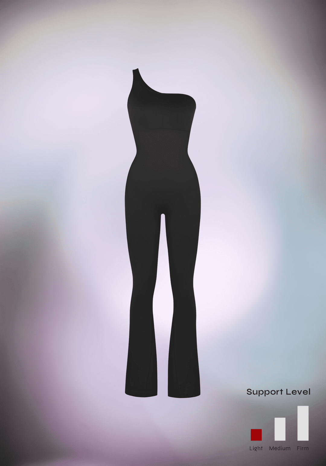 sloped shoulder flared jumpsuit, sleek black one-shoulder silhouette with flared legs and support level graphic