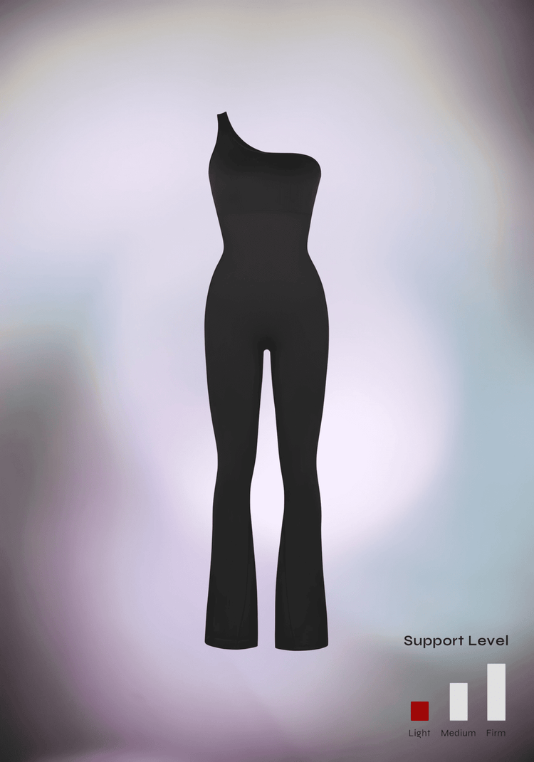 sloped shoulder flared jumpsuit, sleek black one-shoulder silhouette with flared legs and support level graphic