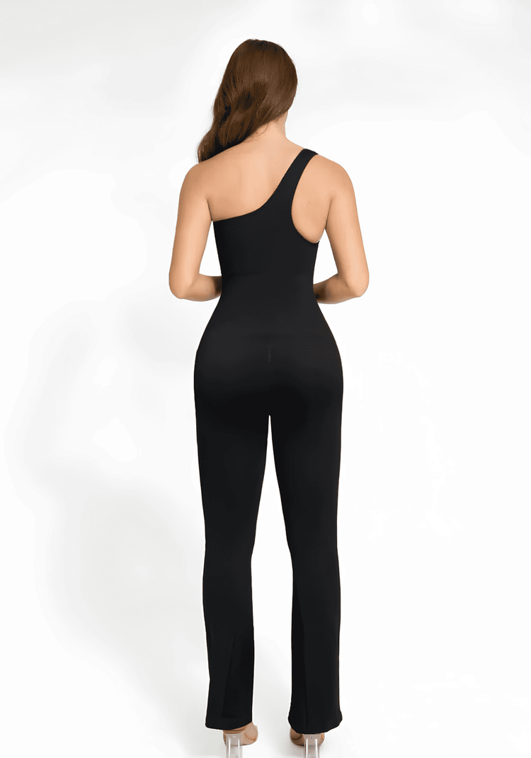 sloped shoulder flared jumpsuit in black, back view, one-shoulder seamless fitted design with flared trouser legs