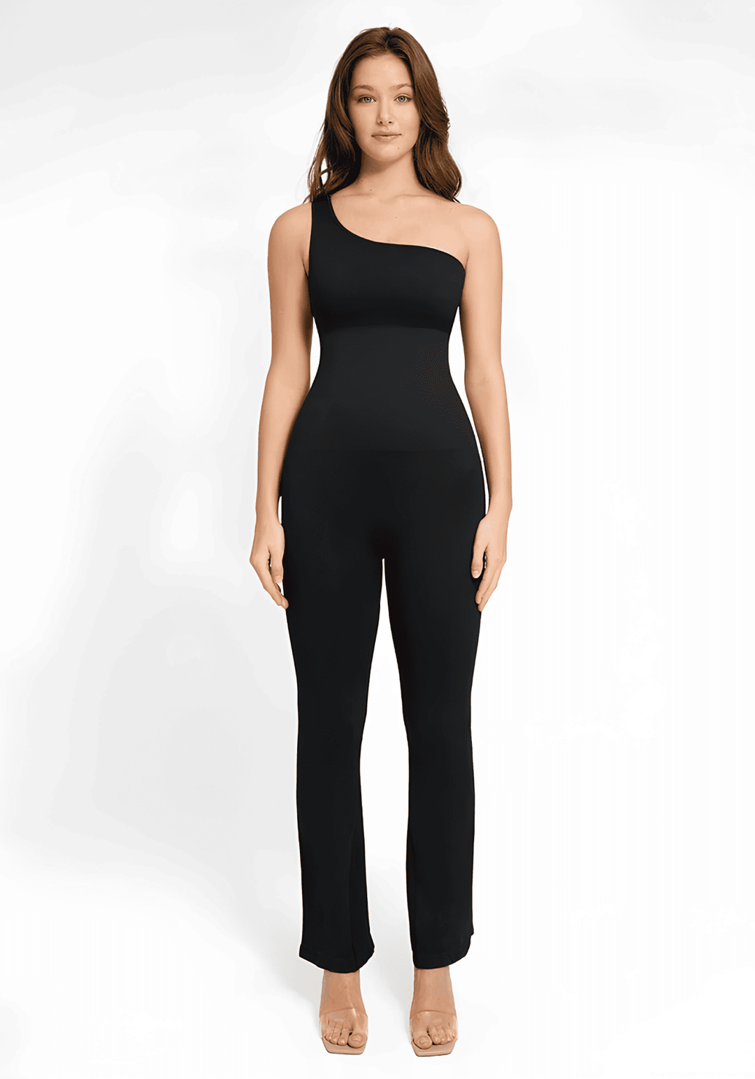 sloped shoulder flared jumpsuit with one-shoulder design, fitted waist, and flared legs for a sleek flattering look