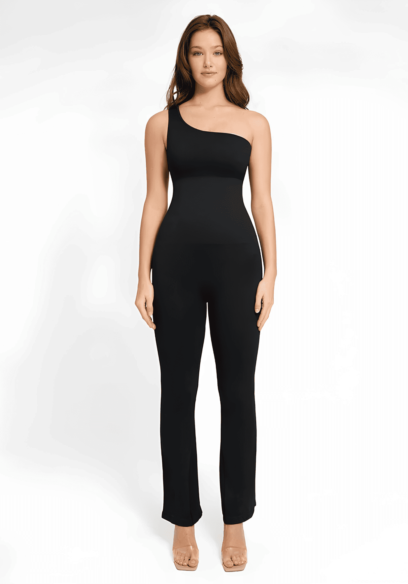 sloped shoulder flared jumpsuit with one-shoulder design, fitted waist, and flared legs for a sleek flattering look