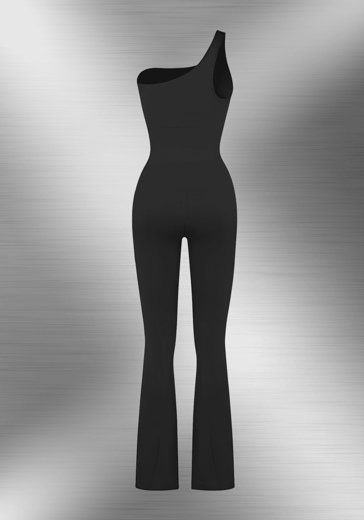 sloped shoulder flared jumpsuit with one-shoulder design, seamless fit, and flared legs for a flattering silhouette