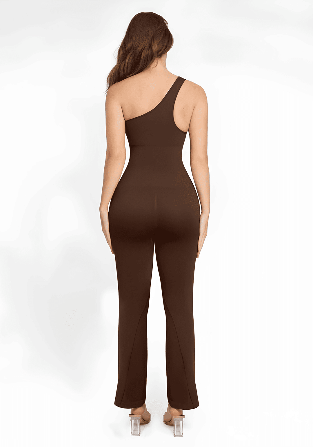 sloped shoulder flared jumpsuit in brown, back view with asymmetrical shoulder and flared legs for a sleek fit