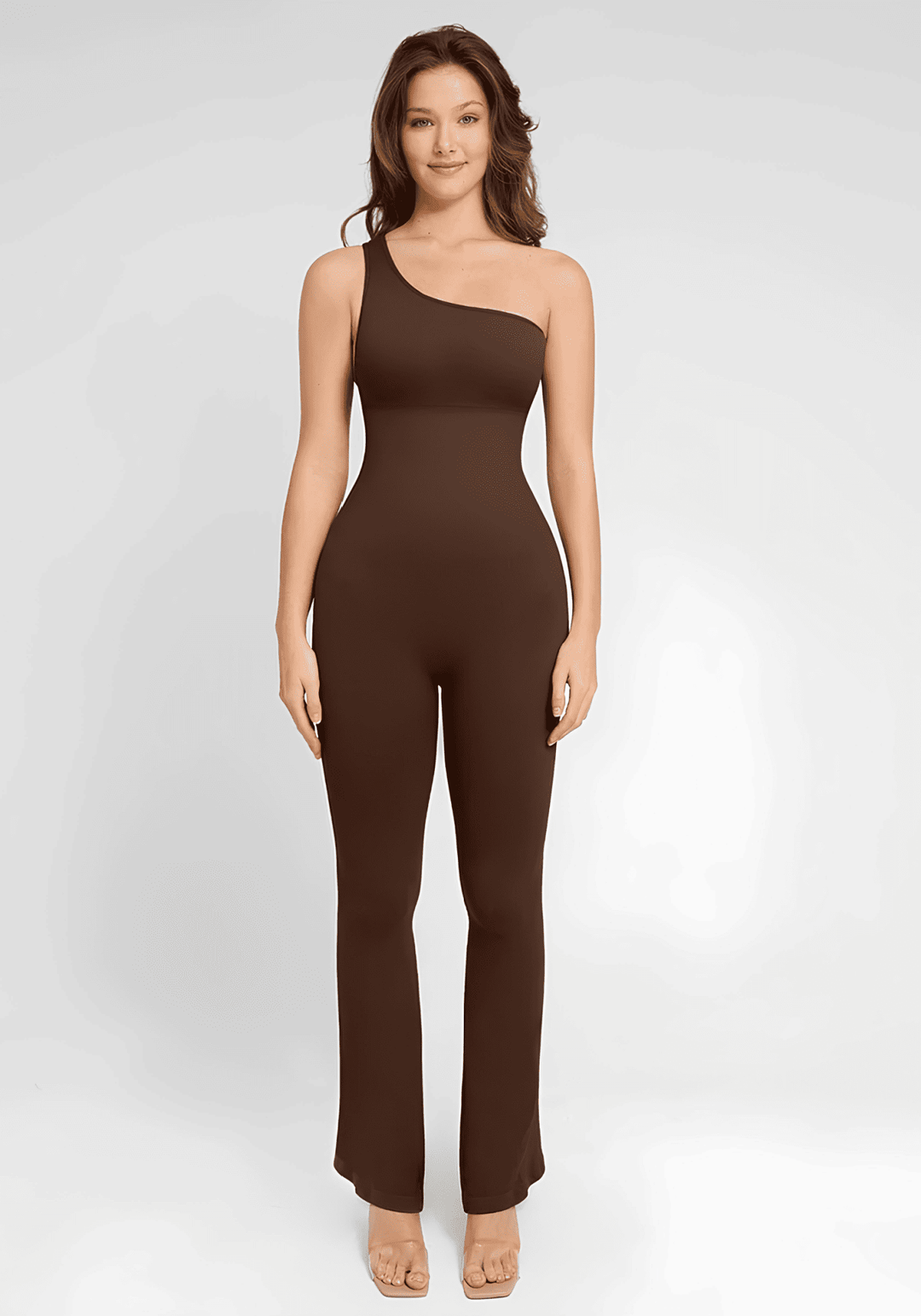 sloped shoulder flared jumpsuit with one-shoulder design and flared legs, product MT230384