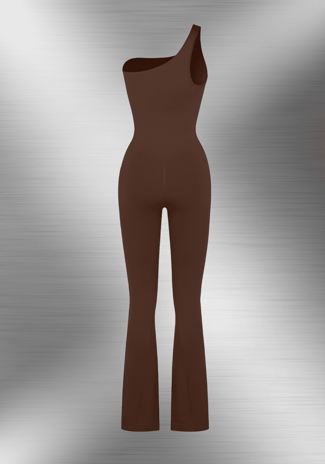 sloped shoulder flared jumpsuit in brown with one-shoulder design and flared legs for a flattering silhouette