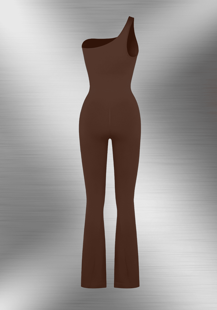 sloped shoulder flared jumpsuit in brown with one-shoulder design and flared legs for a flattering silhouette