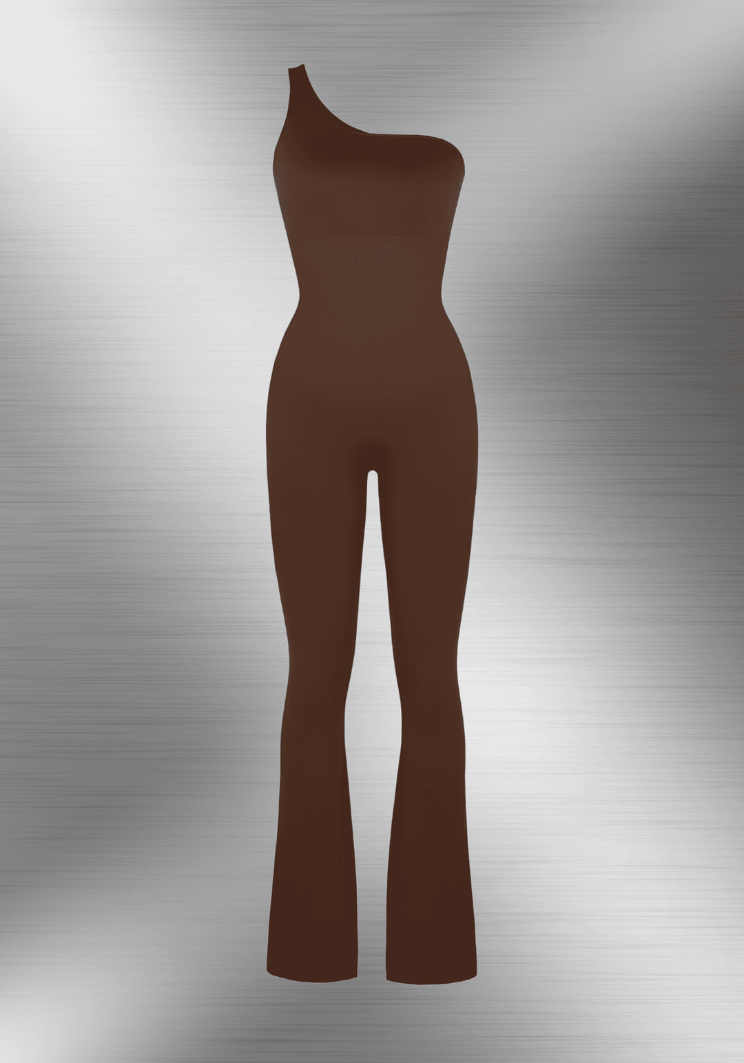 sloped shoulder flared jumpsuit in brown with asymmetrical neckline, fitted waist, and flared legs