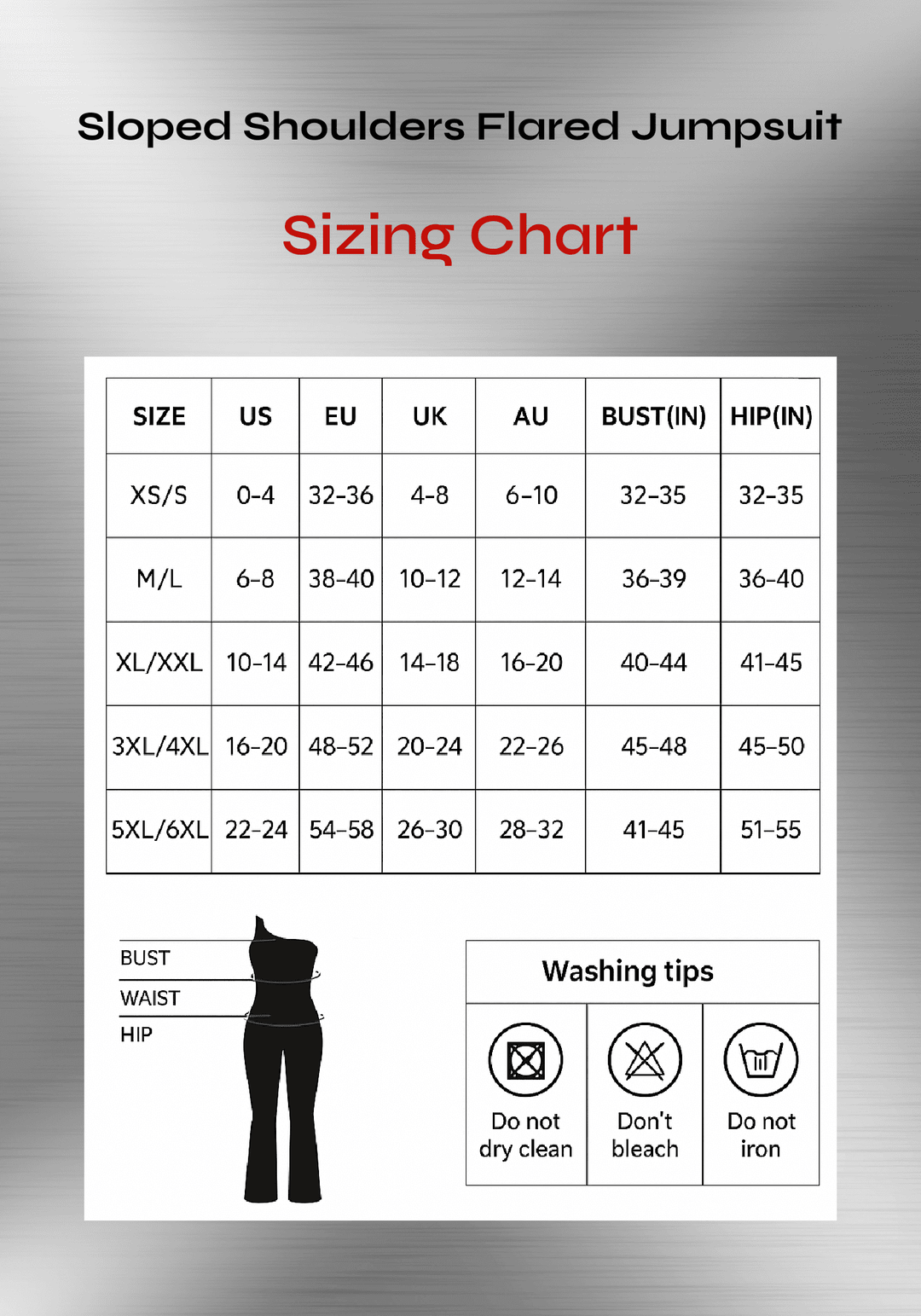 sloped shoulder flared jumpsuit sizing chart showing size, bust, hip, and washing tips