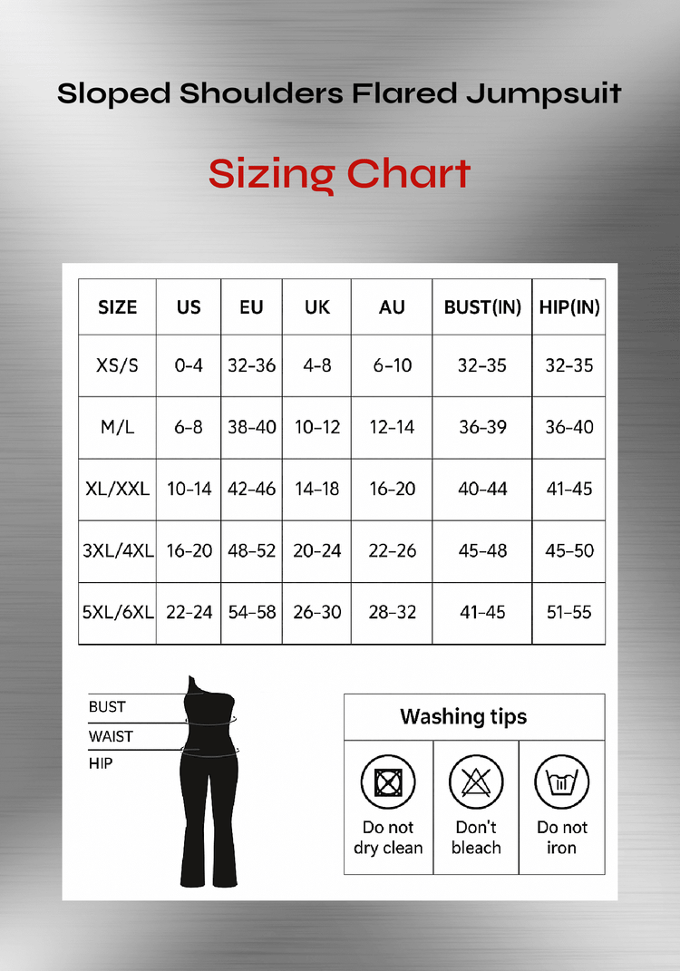 sloped shoulder flared jumpsuit sizing chart showing size, bust, hip, and washing tips