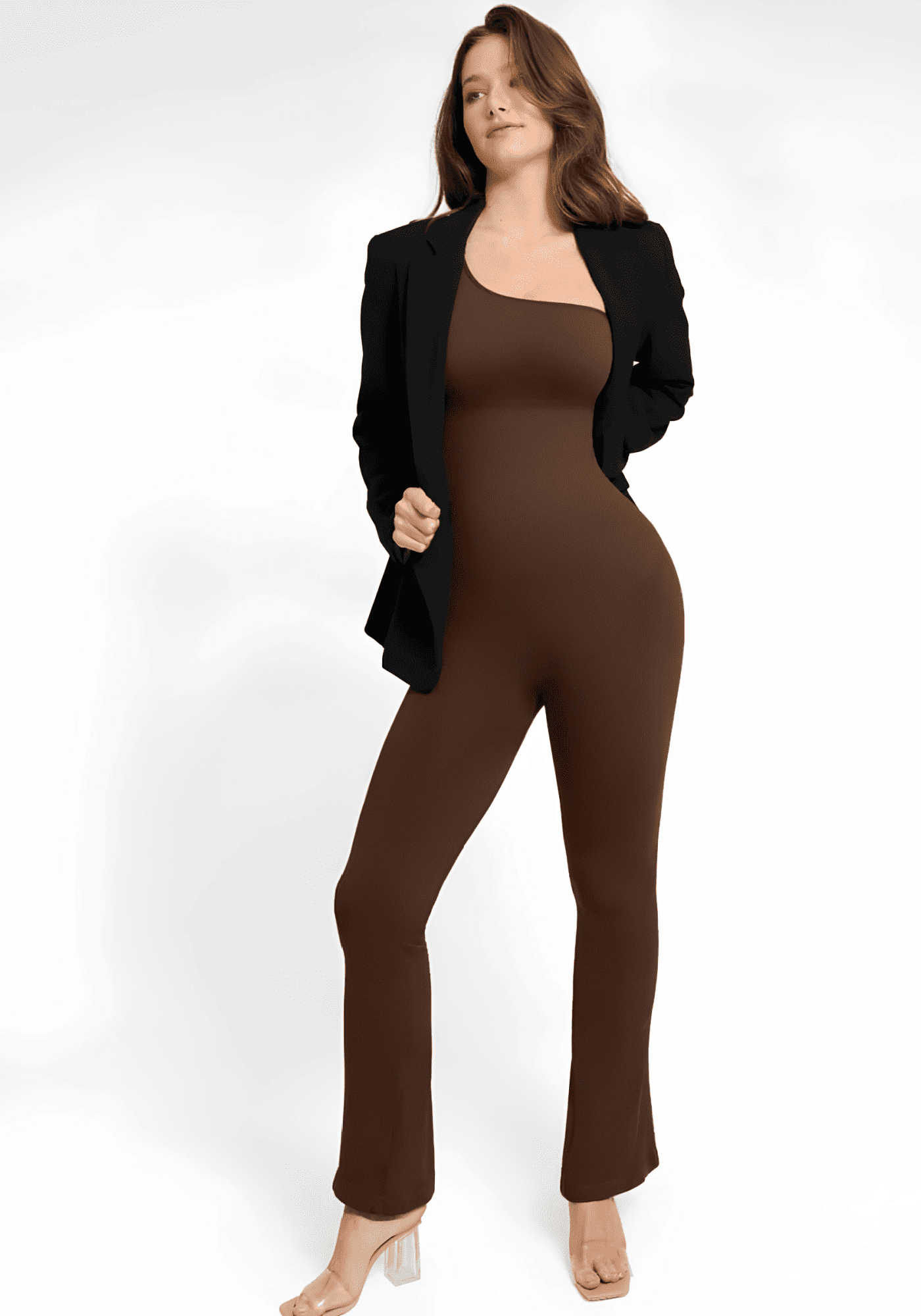 sloped shoulder flared jumpsuit with one-shoulder fit, seamless shaping, and flared legs for a flattering silhouette MT230384