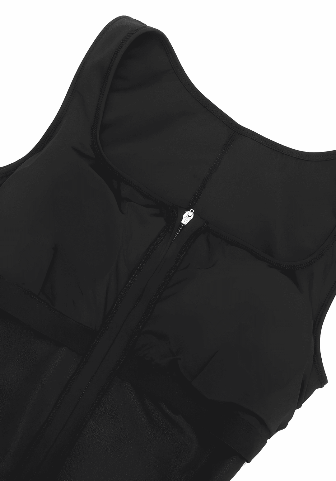 Black sauna workout jumpsuit with zipper front, detachable breast cup support, and stretch fabric for training