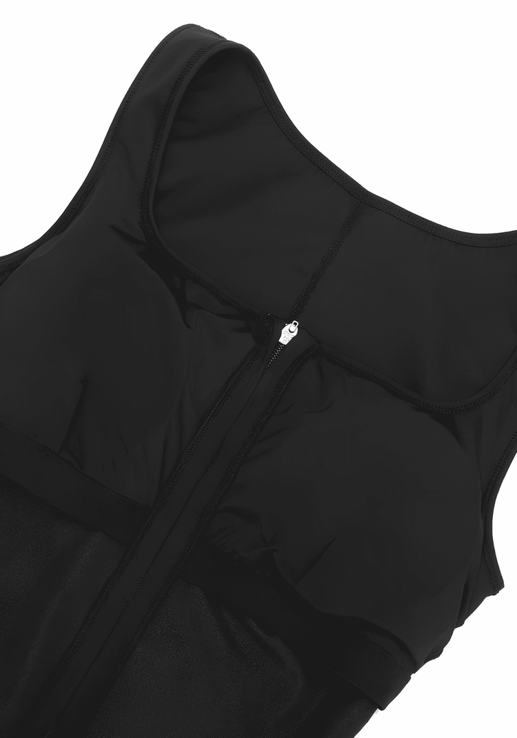 Black sauna workout jumpsuit with zipper front, detachable breast cup support, and stretch fabric for training