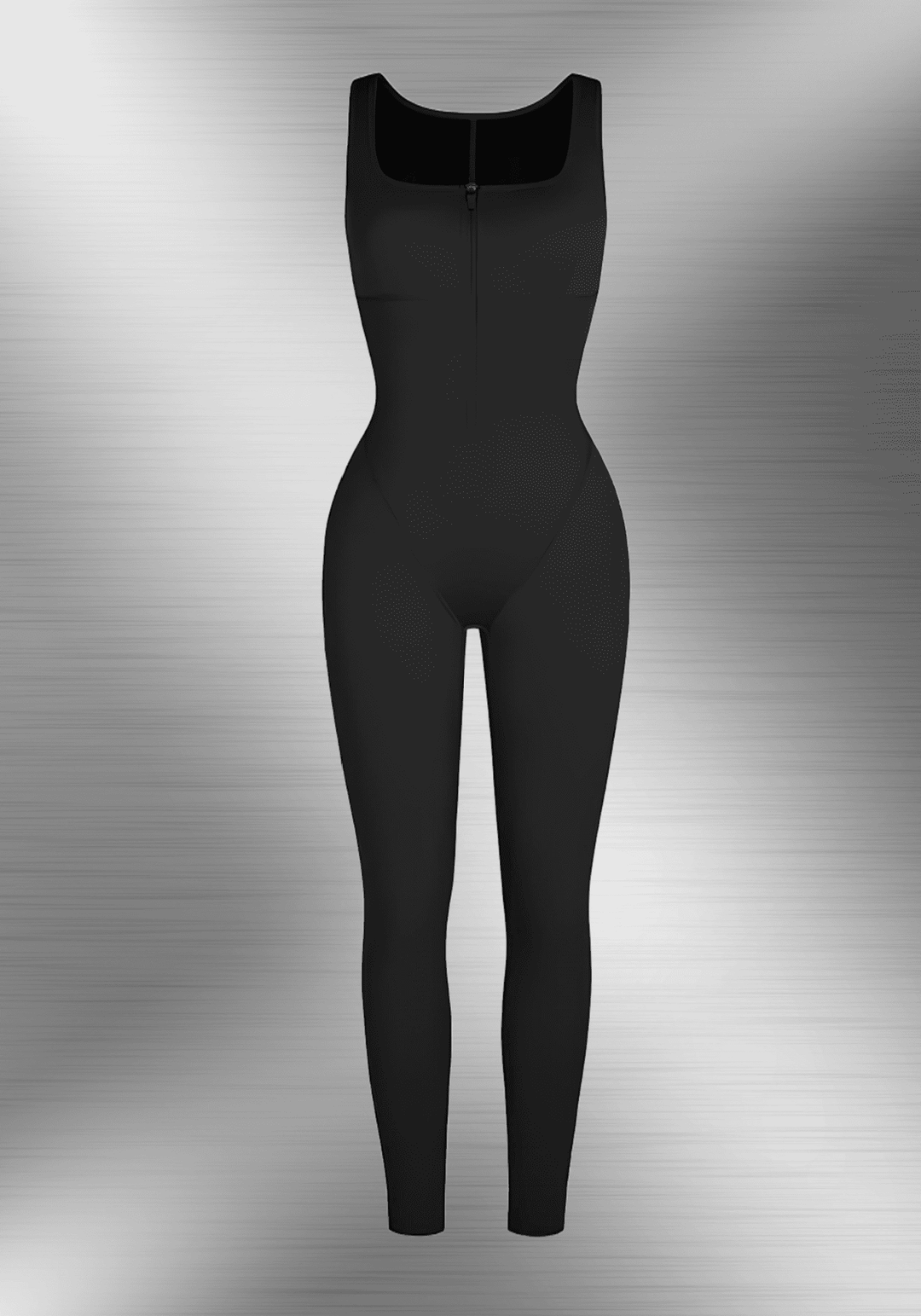 Black sauna workout jumpsuit with sleeveless zip-front design, slimming fit, and full-length legs for heat training