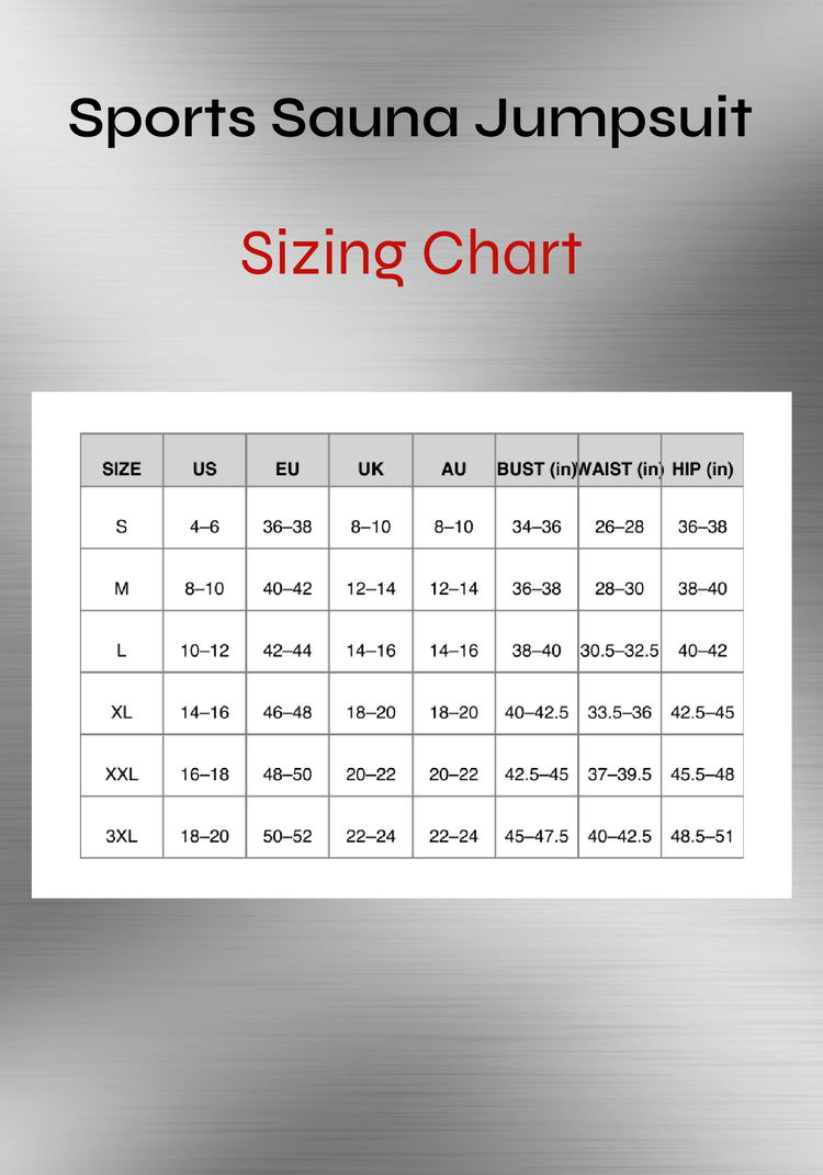 Sports Sauna Jumpsuit sizing chart for sauna workout jumpsuit with size guide and measurements